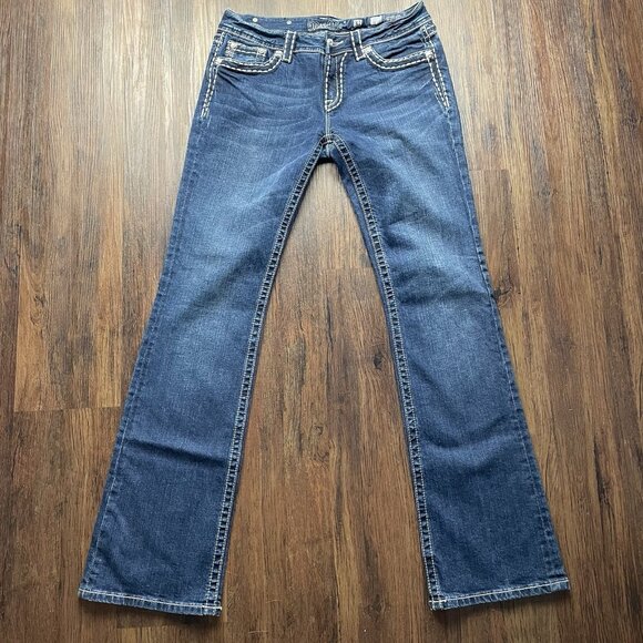 Miss Me Jeans Size 31 Boot Cut Embellished Pockets Dark Wash Denim Womens - Picture 1 of 10